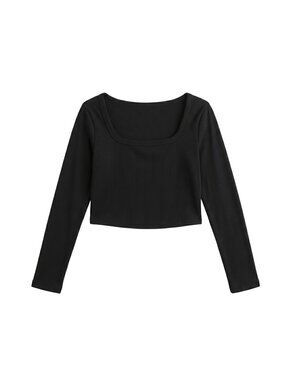 NWOT | Onyx Black Ribbed Long Sleeve Scoop Neck Fitted Crop Top Basic | Large